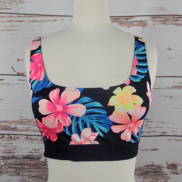 VS Pink Ultimate Unlined Sports Bra Floral Hibiscus Size Medium - Picture 1 of 8